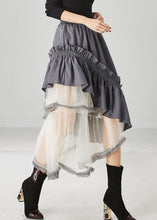 Load image into Gallery viewer, Grey Patchwork Ruffled Cotton Skirt Asymmetrical Spring