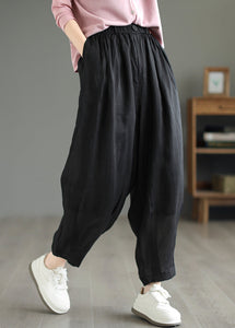 Grey Pockets Elastic Waist Loose Linen Pants Summer