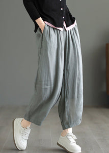 Grey Pockets Elastic Waist Loose Linen Pants Summer