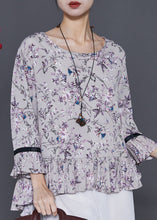 Load image into Gallery viewer, Grey Print Chiffon Shirts O-Neck Ruffles Flare Sleeve