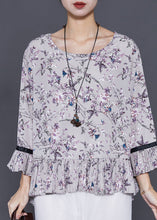 Load image into Gallery viewer, Grey Print Chiffon Shirts O-Neck Ruffles Flare Sleeve