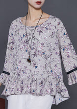 Load image into Gallery viewer, Grey Print Chiffon Shirts O-Neck Ruffles Flare Sleeve