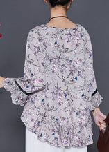 Load image into Gallery viewer, Grey Print Chiffon Shirts O-Neck Ruffles Flare Sleeve