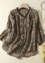 Load image into Gallery viewer, Grey Print Patchwork Linen Top Ruffled Button Summer