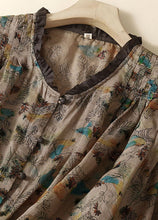 Load image into Gallery viewer, Grey Print Patchwork Linen Top Ruffled Button Summer