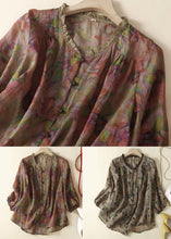 Load image into Gallery viewer, Grey Print Patchwork Linen Top Ruffled Button Summer