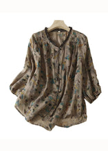 Load image into Gallery viewer, Grey Print Patchwork Linen Top Ruffled Button Summer