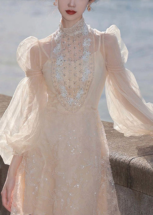 Handmade Apricot Nail Bead Tulle Mid Dress Long Sleeve