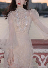 Load image into Gallery viewer, Handmade Apricot Nail Bead Tulle Mid Dress Long Sleeve