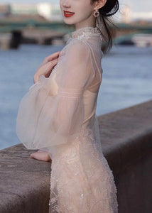 Handmade Apricot Nail Bead Tulle Mid Dress Long Sleeve