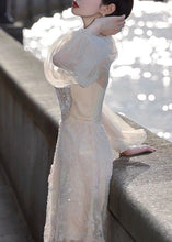 Load image into Gallery viewer, Handmade Apricot Nail Bead Tulle Mid Dress Long Sleeve