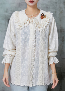 Handmade Beige Embroidered Patchwork Lace Cotton Shirt Spring