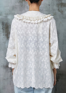 Handmade Beige Embroidered Patchwork Lace Cotton Shirt Spring