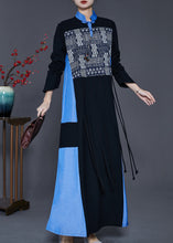 Load image into Gallery viewer, Handmade Black Mandarin Collar Tasseled Patchwork Cotton Dresses Spring