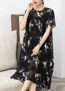 Handmade Black O Neck Print Patchwork Chiffon Dress Summer