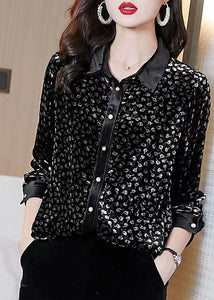 Handmade Black Peter Pan Collar Button Print Velour Top Spring