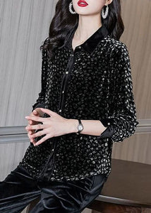 Handmade Black Peter Pan Collar Button Print Velour Top Spring