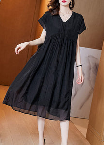 Handmade Black V Neck Wrinkled Patchwork Silk Dress Summer