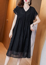 Load image into Gallery viewer, Handmade Black V Neck Wrinkled Patchwork Silk Dress Summer