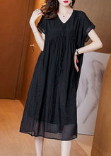 Load image into Gallery viewer, Handmade Black V Neck Wrinkled Patchwork Silk Dress Summer