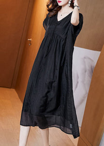 Handmade Black V Neck Wrinkled Patchwork Silk Dress Summer