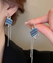 Load image into Gallery viewer, Handmade Blue Denim Cloth Chain Tassel Drop Earrings