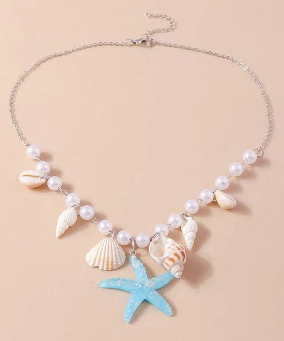 Handmade Blue Stainless Steel Pearl Shells Starfish Pendant Necklace