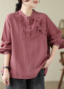 Handmade Brick Red Stand Collar Embroidered Patchwork Shirts Fall