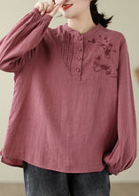 Load image into Gallery viewer, Handmade Brick Red Stand Collar Embroidered Patchwork Shirts Fall