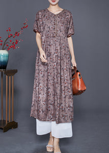 Handmade Brown Embroidered Print Button Cotton Dress Summer