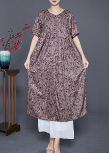 Handmade Brown Embroidered Print Button Cotton Dress Summer