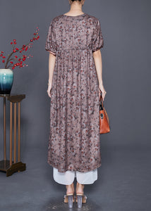 Handmade Brown Embroidered Print Button Cotton Dress Summer