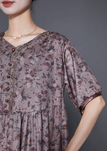 Handmade Brown Embroidered Print Button Cotton Dress Summer