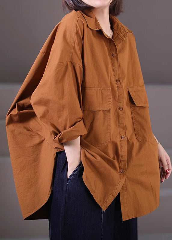 Handmade Caramel Oversized Pockets Cotton Blouse Tops Spring