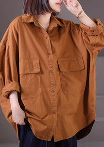 Handmade Caramel Oversized Pockets Cotton Blouse Tops Spring