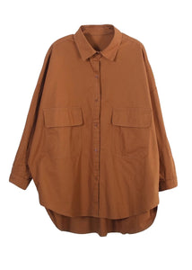 Handmade Caramel Oversized Pockets Cotton Blouse Tops Spring