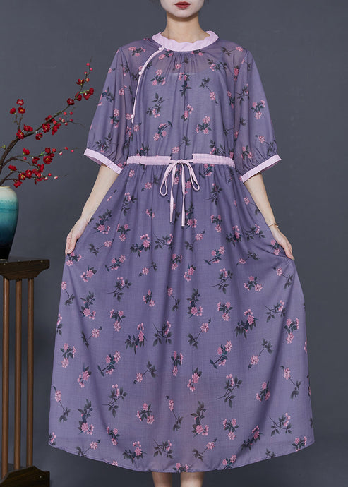 Handmade Dull Purple Cinched Print Linen Dress Summer