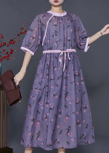 Handmade Dull Purple Cinched Print Linen Dress Summer