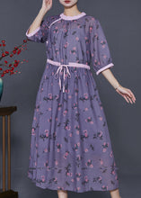 Load image into Gallery viewer, Handmade Dull Purple Cinched Print Linen Dress Summer