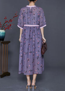 Handmade Dull Purple Cinched Print Linen Dress Summer