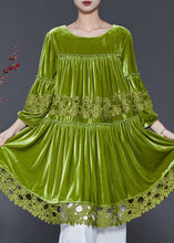 Load image into Gallery viewer, Handmade Grass Green Oversized Patchwork Silk Velvet Dresses Spring