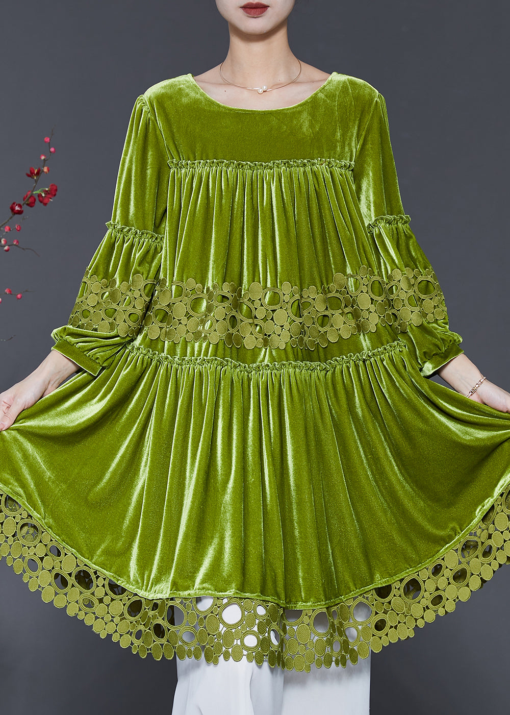 Handmade Grass Green Oversized Patchwork Silk Velvet Dresses Spring