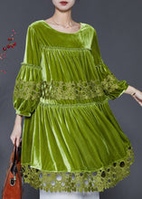 Load image into Gallery viewer, Handmade Grass Green Oversized Patchwork Silk Velvet Dresses Spring