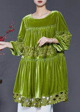 Load image into Gallery viewer, Handmade Grass Green Oversized Patchwork Silk Velvet Dresses Spring