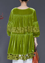 Load image into Gallery viewer, Handmade Grass Green Oversized Patchwork Silk Velvet Dresses Spring