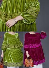 Load image into Gallery viewer, Handmade Grass Green Oversized Patchwork Silk Velvet Dresses Spring