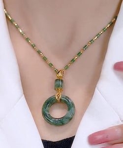 Handmade Green Alloy Inlaid Gem Stone Bamboo Joint Pendant Necklace