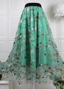 Handmade Green Embroidered Elastic Waist Tulle Skirts Spring