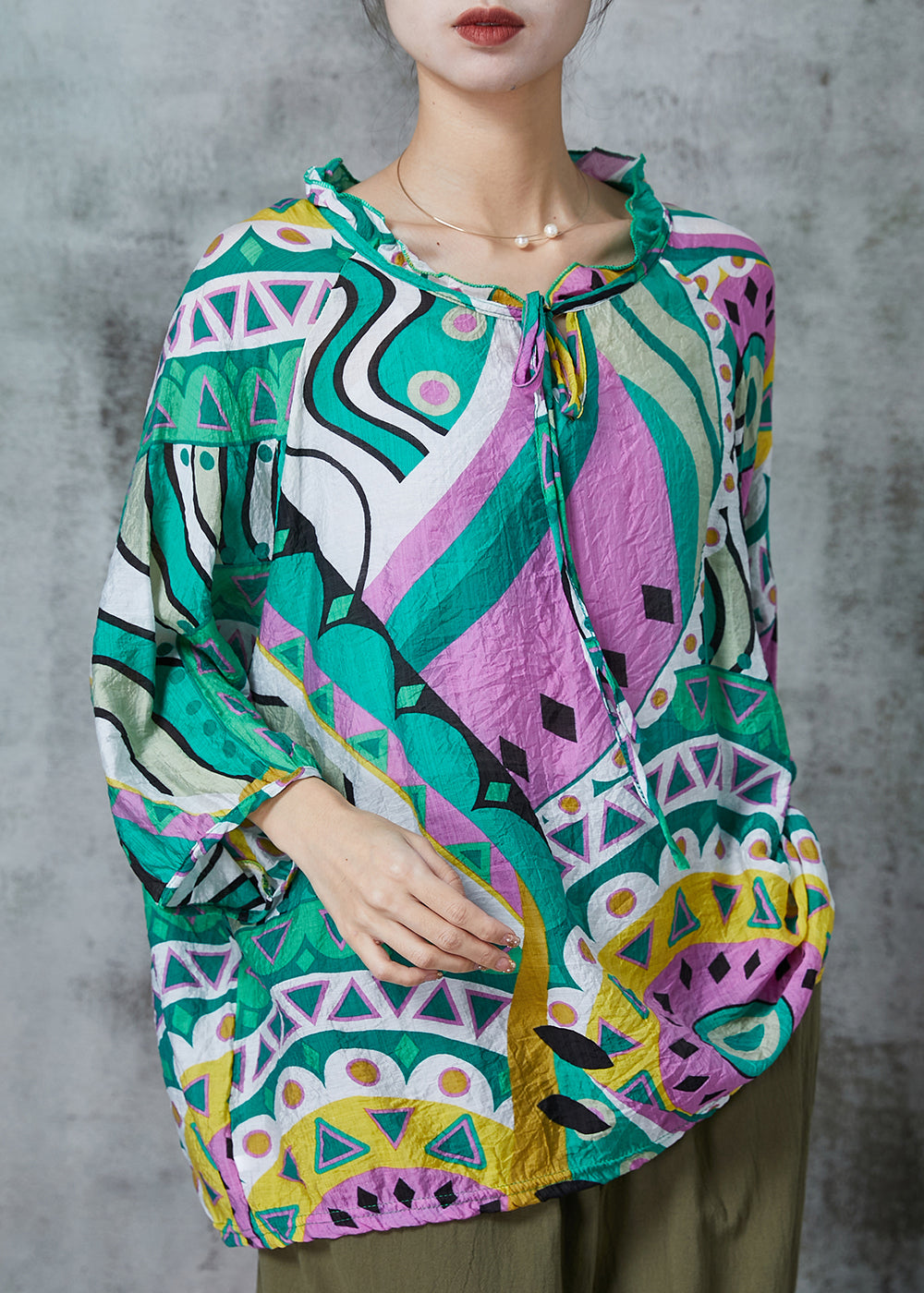 Handmade Green Oversized Print Linen Shirt Tops Summer