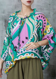 Handmade Green Oversized Print Linen Shirt Tops Summer